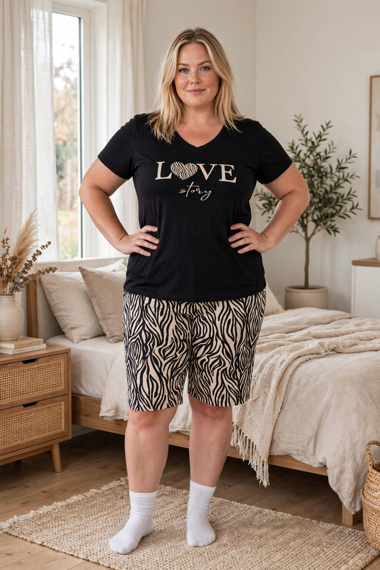 Büyük Beden Zebra Desenli Viskon Şortlu Pijama Takımı